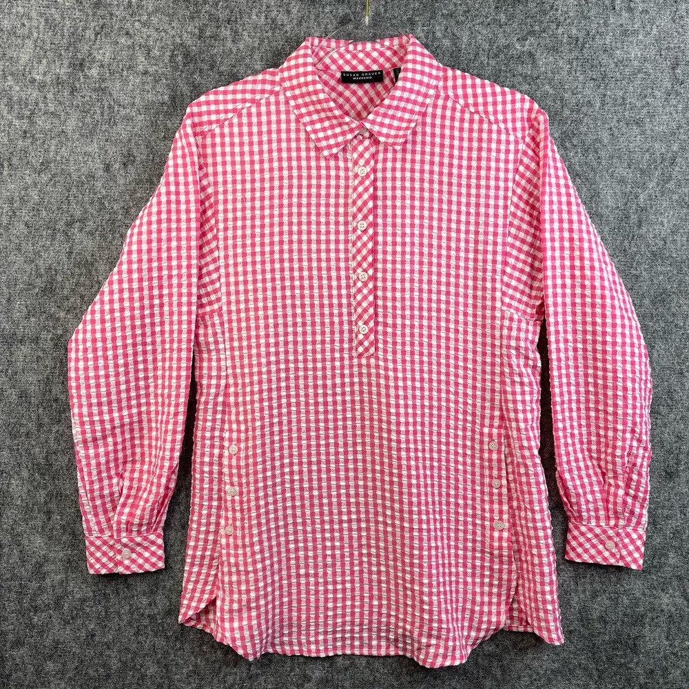 Susan Graver Weekend Womens Long Sleeve Plaid Blouse Pink and White XS